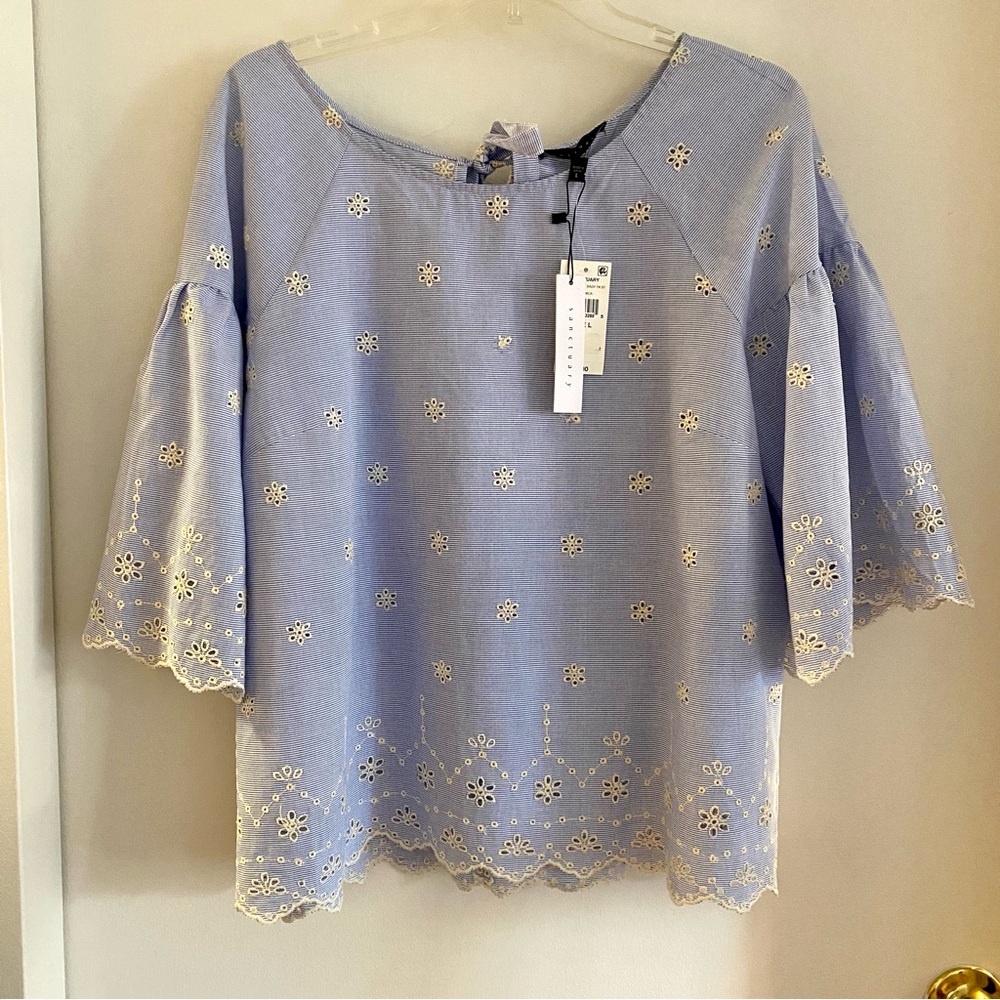 NWT Sanctuary Light Blue Blouse with White eyelet Embroidery